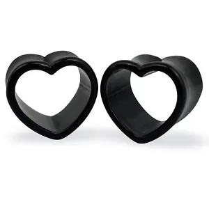 Pair of Black Acrylic Heart Tunnels plugs set expanders gauges lot Choose Size - Picture 1 of 4
