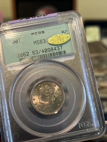 1901 5c PCGS Gold Label CAC Approved! MS63 OGH under Graded V Nickel Liberty Cover