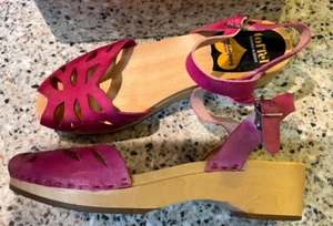 HASBEENS SWEDISH TOFFEL PINK ORNMENT SANDALS SIZE 38/7.5 LOW WEDGE LASER CUT - Picture 1 of 13