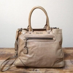 MIU MIU Hand Bag Tote Purse 2way Logo Leather Beige Authentic from japan - Picture 1 of 9