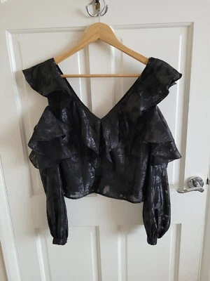 H&M Black V Neck Cold Shoulder Textured Long Sleeve Cropped Blouse Top Size 8 #2 - Image 1 of 4