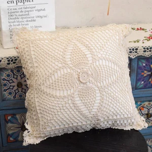2pcs Vintage Floral Hand Crochet Lace Cushion Cover Pillowcase Sofa Bed 17"x17" - Picture 1 of 5