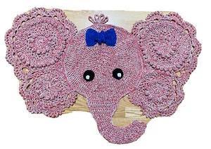 Elephant Rug Mat Crochet Pink Nursery Baby Decor Jungle Blue Bow_NEW-Handmade - Picture 1 of 7