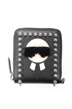 Fendi Womens Karlito Zip Around Studded Saffiano Leather Compact Wallet