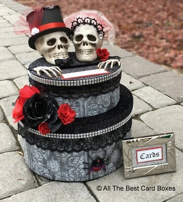 Boda gótica, caja de tarjetas, mediana, personalizada, negra, roja, decoración de boda de Halloween Foto 1 de 4