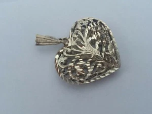 Puffy Heart Pendant Sterling Silver 925 Diamond Cut Open Work Filigree - Picture 1 of 4