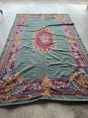 Vintage Green French Aubusson Area Rug Hand Knotted Needlepoint Ralph Lauren - Image 1 of 4