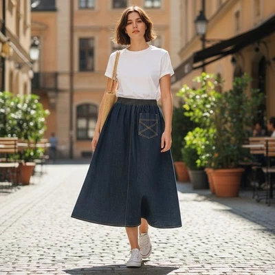 Falda vaquera Sasson años 80 para mujer bolsillos hebilla dorada midi cintura elástica talla 4 Foto 1 de 4