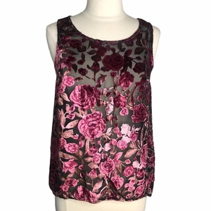 Mod Cloth Sleeveless Blouse Womens Medium Pink Black Velvet Sheer Cut Out - Picture 1 of 9