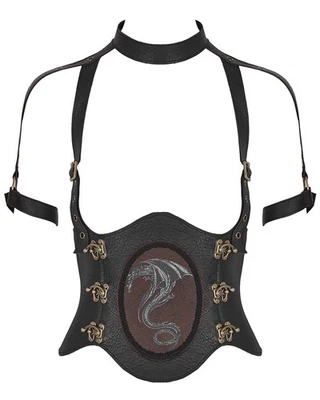 Punk Rave Dragon Corset Bodice Top Black Faux Leather Gothic Steampunk Underbust - Image 1 of 4