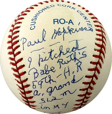 Paul Hopkins Signed Autographed AL Baseball Pitched Babe Ruth's 59th HR PSA - Image 1 of 3