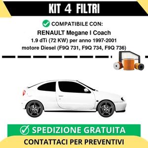 Kit 4 Filtri Tagliando per RENAULT Megane I Coach 1.9 dTi 72 kw Diesel 1997-2001 - Imagen 1 de 2