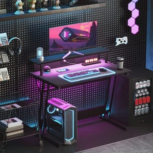 Gaming Desk with LED Lights and Power Outlets, Z Shaped Computer Desk, Black - Picture 1 of 11