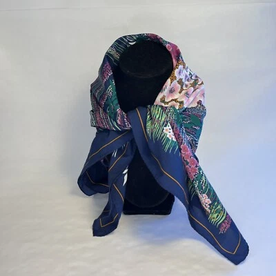 "Bufanda floral vintage 26"" azul marino rosa verde poliéster máquina dobladillo cuadrado" Foto 1 de 4