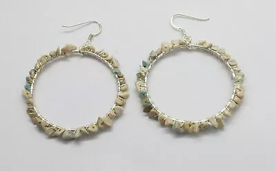 925 Sterling Silver Earrings Hoops Turquoise Beaded 50mm Round Earrings - Image 1 of 4