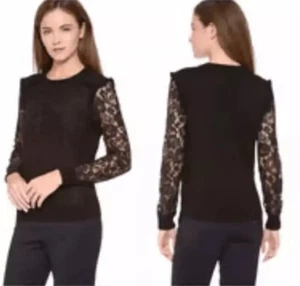 Tory Burch Dina Pullover 100 % Merinowolle schwarz Spitzenärmel Rundhals Größe Small - Bild 1 von 11