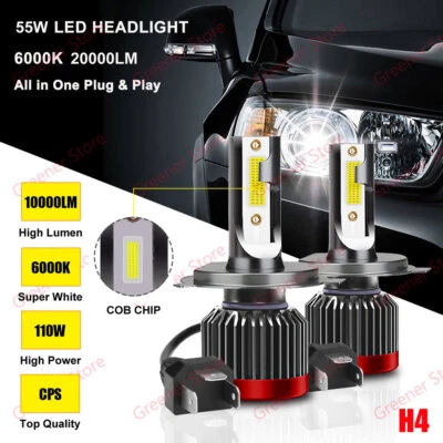 2X 55W 20000LM H4 High&Low Beam LED Ampoule Voiture Feux Lampe Phare Blanc 6000K - Bild 1 von 4