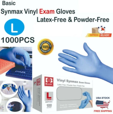 Basic 1000 PCS Blue Synmax Vinyl Exam Gloves Latex-Free & Power-Free L-SIZE - Image 1 of 4