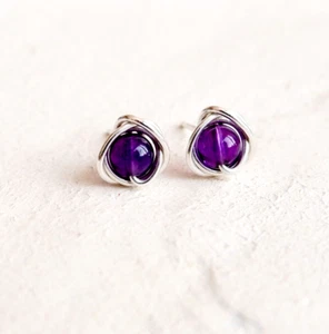 Amethyst Stud Earrings Sterling Silver Handmade February Birthstone Gift Wrapped - Picture 1 of 7