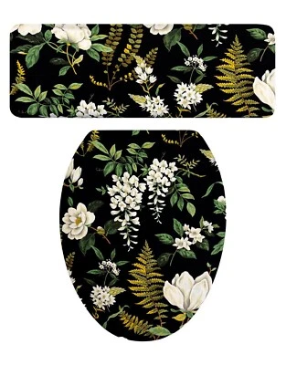 Juego de tapa de asiento de inodoro y tapa de tanque negro con blanco Botanicals helecho de glicina Foto 1 de 2