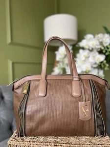 Furla Amazzone Bag Taupe brown leather Expandable Handbag Stud Zip Detail - Picture 1 of 17