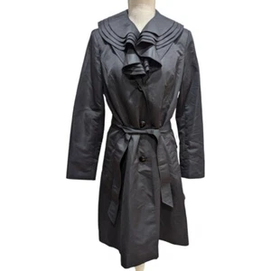 Pamela McCoy Womens XS Classic Ruffle Collar Ladies Trench Coat Belted Black NWT - Picture 1 of 10