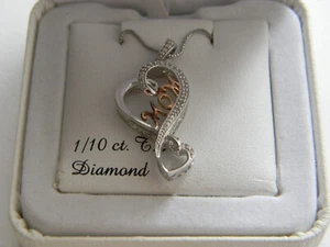 Sterling Silver Alwand Vahan Diamond Double Heart/Rose Gold MOM Pendant & Chain - Picture 1 of 9