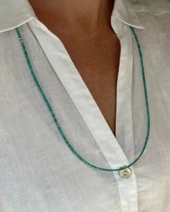 Blue Kingman Turquoise Dainty Tiny 2mm Delicate Long Beaded Boho Heishi Necklace - Picture 1 of 10