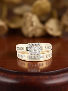 ESTATE 10K YELLOW GOLD DIAMOND ENGAGEMENT WEDDING BAND RING SET SIZE 5.5 #7847 - Picture 1 of 7