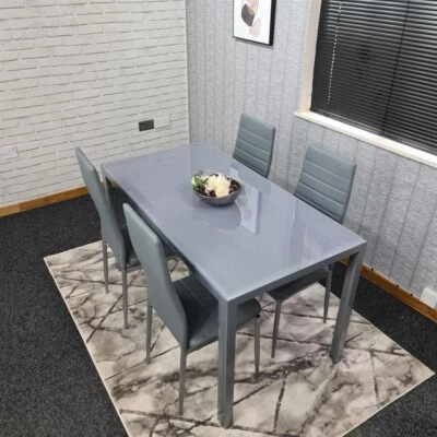 Grey Glass Dining Table Set with 4 Leather Chairs Modern Kitchen Furniture - Image 1 of 4