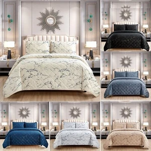 3Piece Marble Effect Velvet Bedspread Quilted Bed Throw Bed Set 2 Pillow Shams - Picture 1 of 13