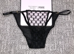 Victoria's Secret NWT XL Black String Bikini Panty Faux Leather Logo Mesh Sexy - Picture 1 of 10