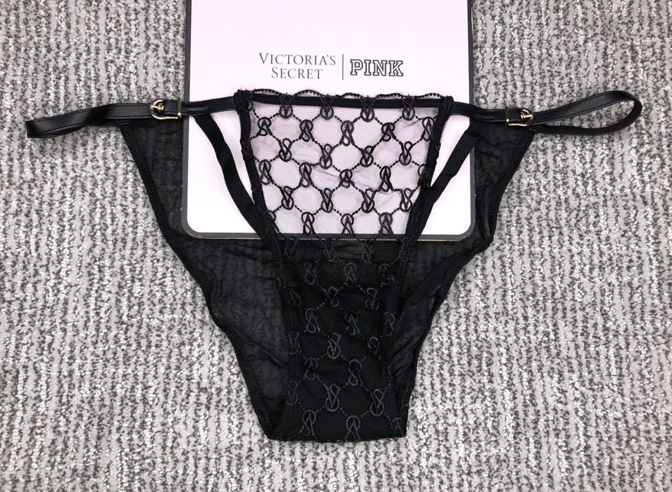 Victoria's Secret 全新带标签中号黑色字符串比基尼内裤人造皮革标志网眼布 — 第 1/4 张图片