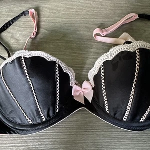 Victoria's Secret Push Up Bra 34B Black Pink Maid Bow Strappy Sexy Little Things - Picture 1 of 14