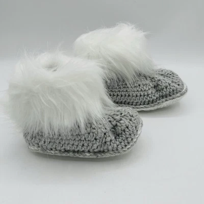 Hand Crochet Baby Booties 18-24 month Faux Fur Trim Gray White New - Image 1 of 4