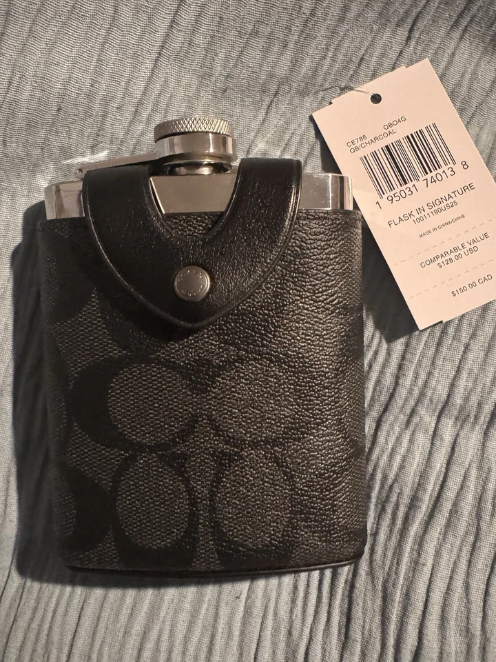 NWT Coach CE786 Flask In Signature Canvas Charcoal/Gunmetal - Image 1 of 1