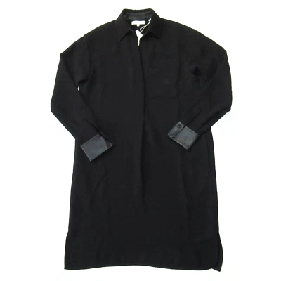 NWT Vince Faux Leather Trim Shift in Black Crepe Shirt Dress S $345 - Image 1 of 4
