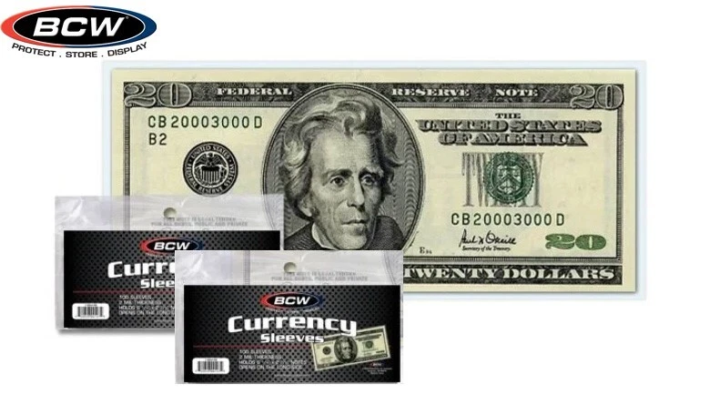 100 BCW Sleeves 2mil Acid Regular Dollar Bill Banknote Thin Sleeve