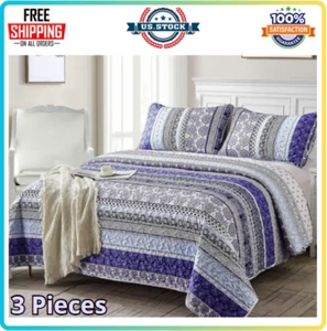 Boho Quilt Set King Size, Blue Bohemian 3 Pieces Quilt Sets, Lightweight Summer - Picture 1 of 8