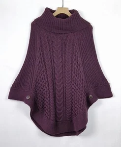 PONCHO JOULES CIRUELA OSCURA PÚRPURA MEZCLA LANA CUELLO REDONDO GRUESO CABLE TEJIDO S/M 10/12 - Imagen 1 de 9