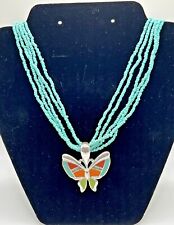 Turquoise Color Beaded Seed Necklace Boho Silver Butterfly Multi Strand Enamel