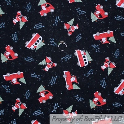 BonEful FABRIC FQ Cotton Quilt Black B&W Snowflake Santa Xmas Tree Red Scooter S - Image 1 of 4