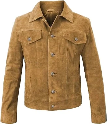 Men's Beige Suede Leather Trucker Jacket Cowboy Western Denim Style Button Coat - Image 1 of 4