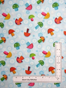 Mushroom Toadstool Flower Fabric Blue Oh Hoppy Day by SPX Spectrix By The Yard - Picture 1 of 1