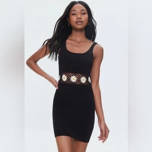 NWT FOREVER 21 Black CROCHET DAISY Sheer CUT OUT Bodycon SEXY KNIT MINI Dress S - Picture 1 of 6