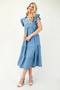 Blue Gigio  by Umgee Tiered Midi Dress Split V Neck with Collar Ruffle Sleeves - Picture 1 of 1