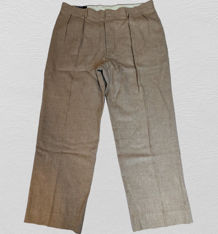 Pantalones de vestir de lino vintage años 90 Polo Ralph Lauren para hombre 40 plisados beige pata de gallo Foto 1 de 4