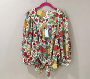 New ROSE+OLIVE Top Blouse Women L Multicolor Fruits Strawberry Summer Garden - Picture 1 of 8