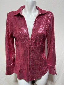 Tahari Women Pink Sequin V-Neck Fitted Shirt Top Rushed Iridescent large New NWT - Picture 1 of 9