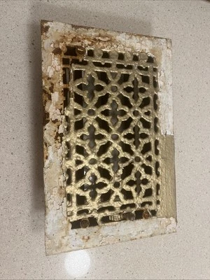 Antique Cast Iron Shabby White And Gold Register Heat Grate 8x12 VTG Old - Image 1 of 4